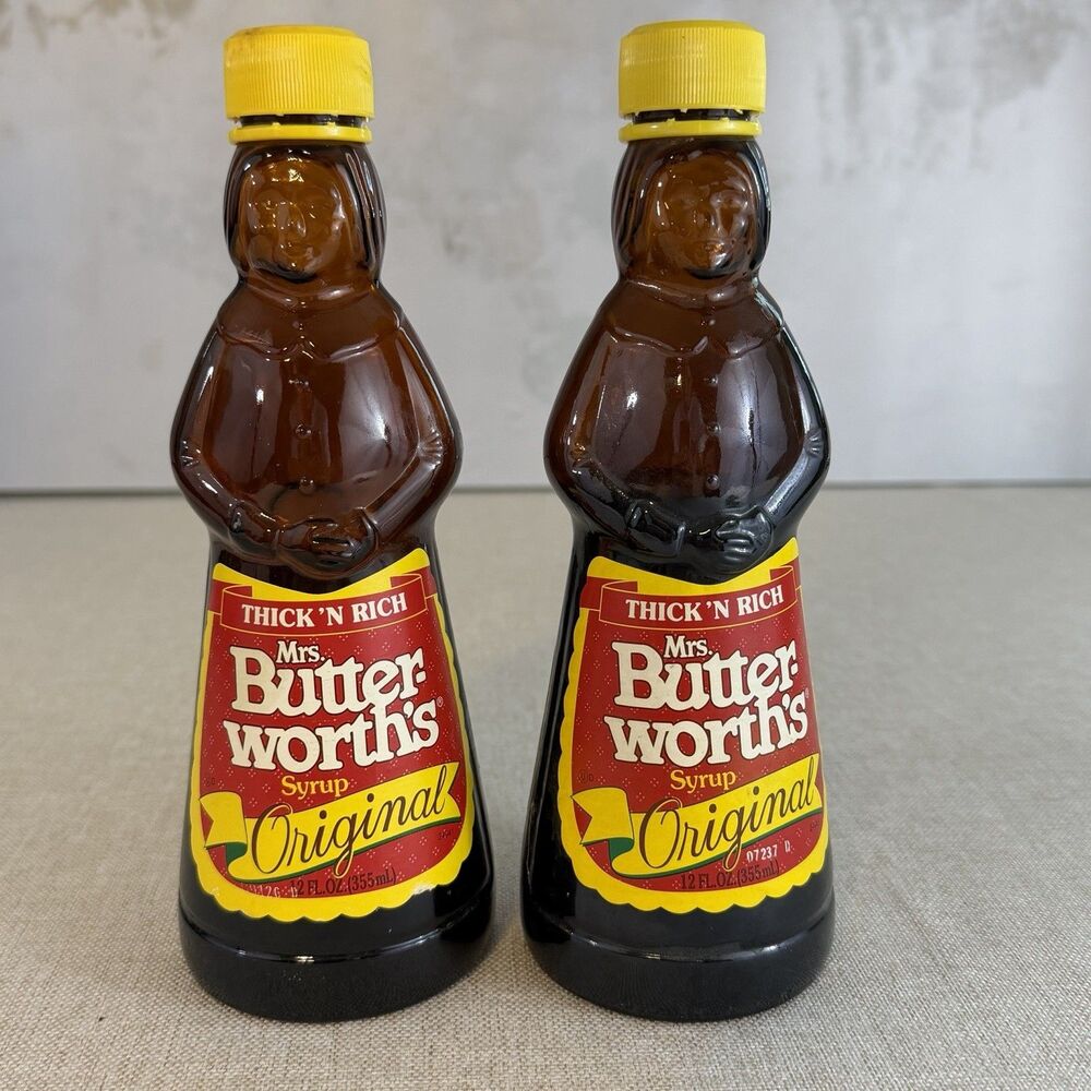 Vintage Mrs Butterworth’s Syrup Amber Glass Bottles 12oz Yellow Cap Lot of 2